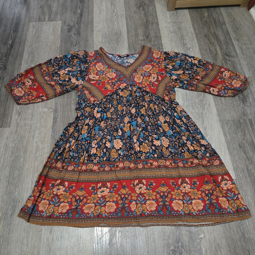 BTFBM Floral Boho Babydoll 3/4 Balloon Sleeve Women's Large Midi Dress - Picture 5 of 5